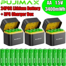 24PCS PUJIMAX 3400mWh 1.5V AA Rechargeable Lithium Battery with 3PCS Charing Box