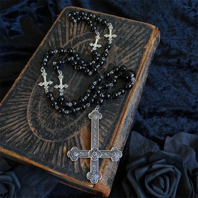 Black Gothic Rosary Inverted Cross Charm Satanic Devil Pendant Necklace  Jewelry