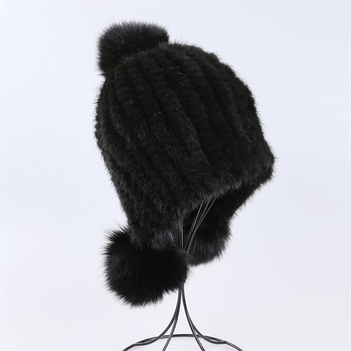 Women's Winter Beanie Hat Genuine Mink Fur Knitted Cap With Earflaps Fox Fur Pom - Picture 9 of 29
