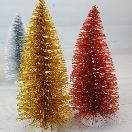 Metallic Bottle Brush Christmas Village Trees 6" Blue Gold Silver Copper 4pc NEW - Picture 7 of 11