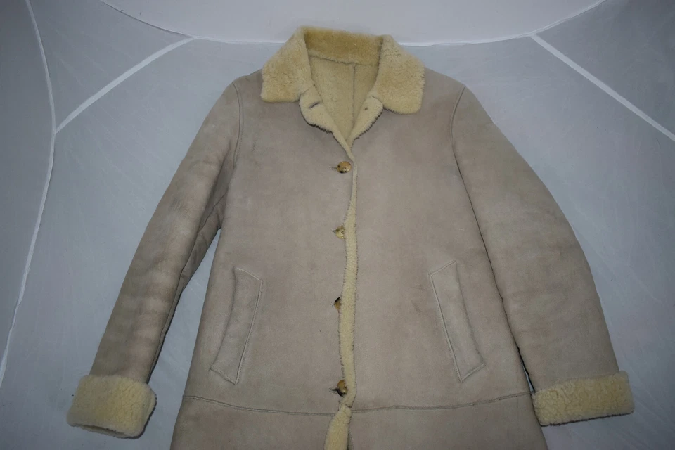 Burberry Beige Long Sheepskin Shearling Button Jacket Trench Coat Womens UK8 US6 - Image 4 of 4