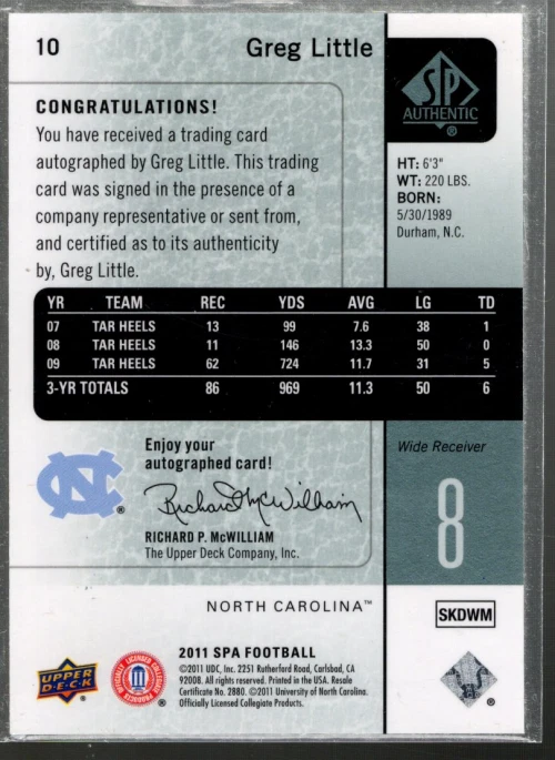 B3818- 2011 SP Authentic Autographs #10 Greg Little C Auto SAMPLE PIC - Image 2 of 2