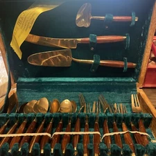 Kee Teck Jewelry Vintage 19 Pcs Brass & Bamboo Dessert Flatware Set Thailand