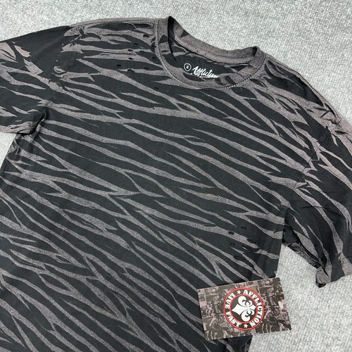 Affliction T-Shirt Damen M grau schwarz Zerba Streifen Standard Supply Tee Y2K Löcher
