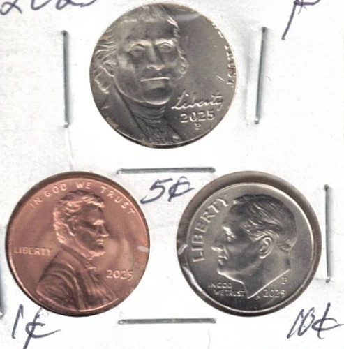 2025 Three Philadelphia Brilliant Uncirculated Cent, Nickel & Dime Coins!