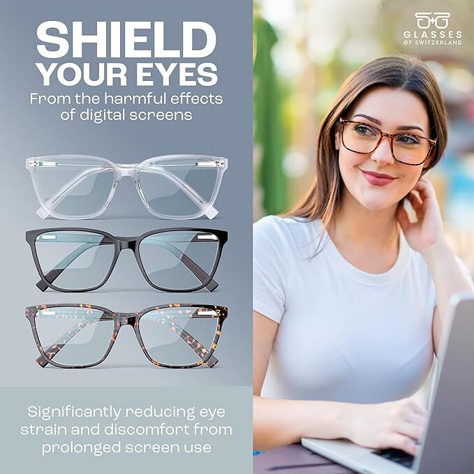 FOCUS Anti-Glare Computer Glasses - Zero Power, Blue Light Filter, Black Wayfarer Frame