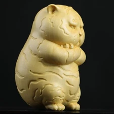 Wooden Cute Fat Tiger Statue Boxwood Carving Figurine Decor Collection