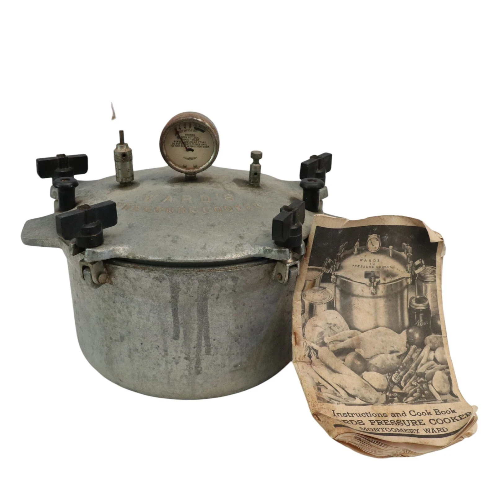 Vintage WARDS 6 QT Cast Aluminum Pressure Cooker Canner w/ Pressure Gauge