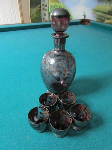 Antique Silver Overlay Decanter And Cups Blue And Purple Rare Pick 1 - Picture 2 of 20
