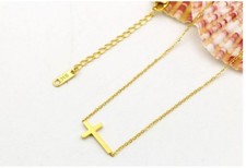 Girl Women 16-18" Gold Sideways Cross Pendant Necklace Stainless Steel Gift PE11