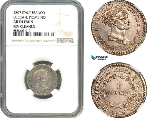 A10-315, Italy, Lucca & Piombino, Felice Baciocchi, 1 Franco 1807, NGC AU Det