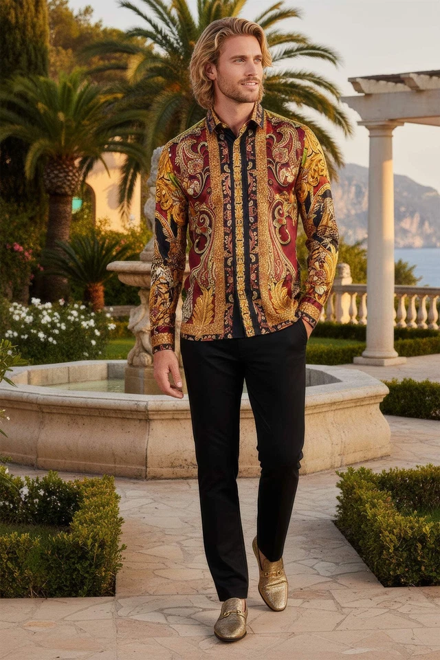 BARABAS Men's Rhinestone Leopard Baroque Long Sleeve Shirts 3SPR414 - Image 2 of 4