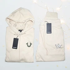 True Religion Men's 2 PC Sweatsuit Ivory Size M Fleece Tracksuit Gift Set NWT