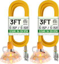 2 Pack 3FT 12/3 Extension Cord 3 Outlet Heavy Duty SJTW Yellow 15Amp