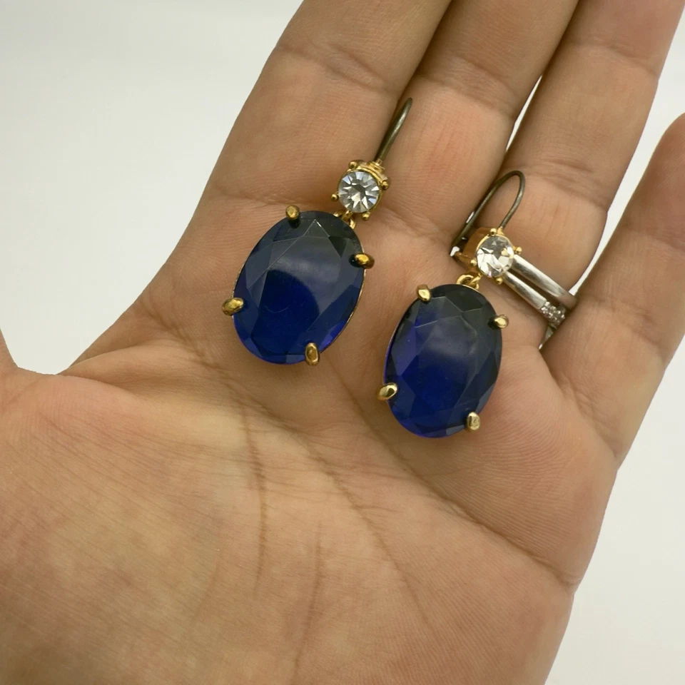 Pendientes De Colección Monet Estrás Tono Dorado Zafiro Azul Cuelgan Declaración Nuevos de Lote Antiguo Foto 2 de 4