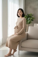 Isabel maternity size XS sweater dress solid tan ribbed knit empire tie waist