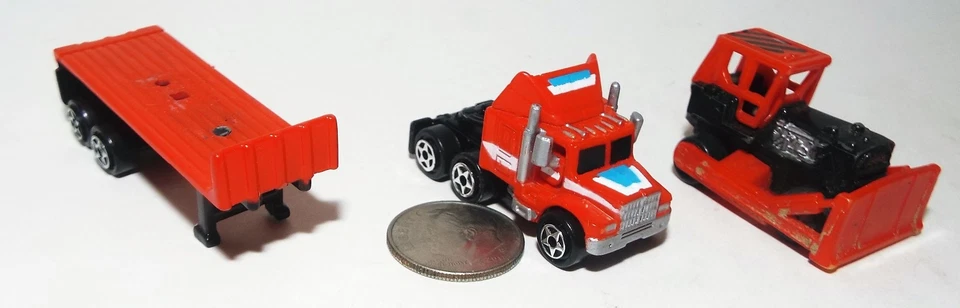 Small Micro Machine Semi Flat Bed Truck  in Red with a Buldozer - Image 3 of 4