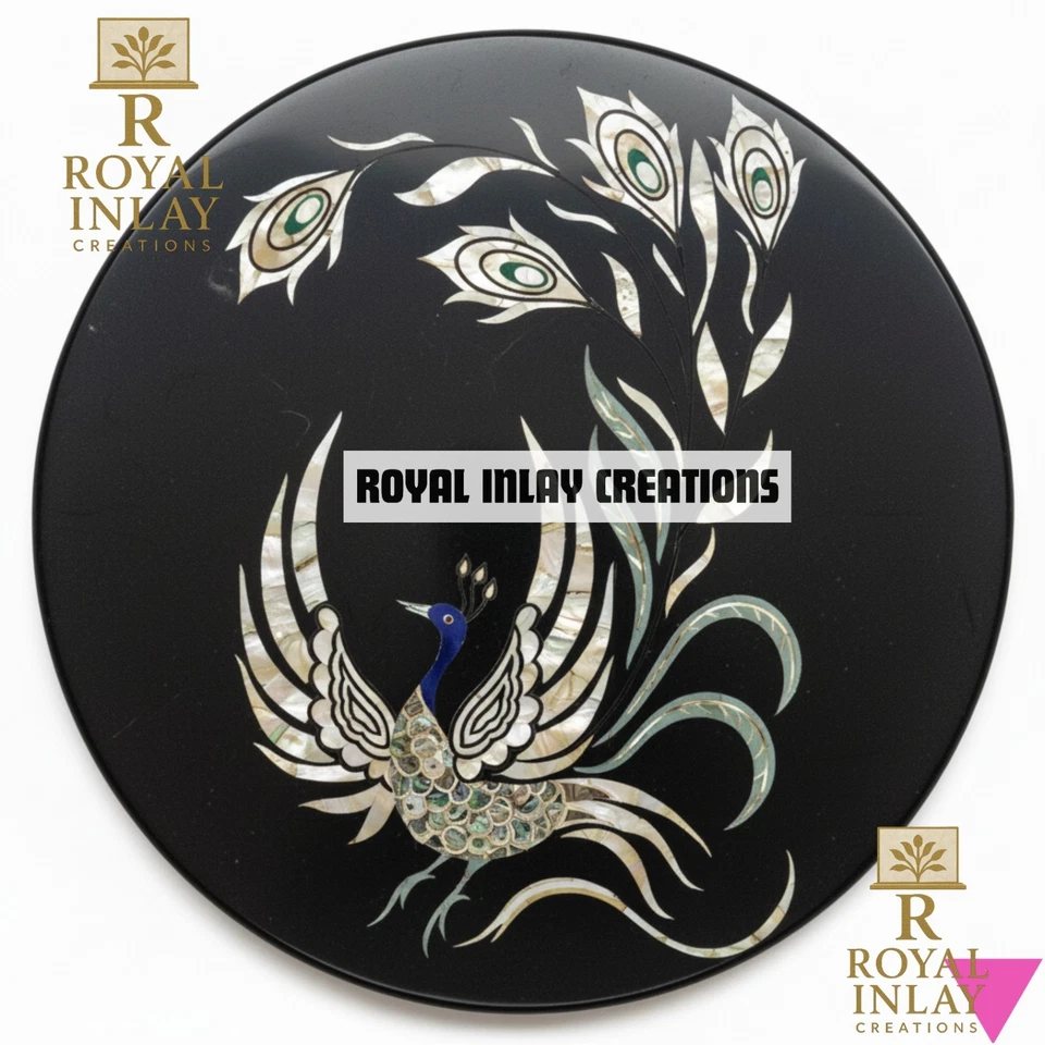 Exquisite Black Marble Peacock Inlay Tabletop - Mother of Pearl Art Deco 18" - Image 4 of 4