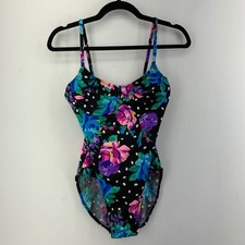 Sun Streak Vintage 80s Floral Polka Dot One Piece Swimsuit Underwire Retro Sz 12