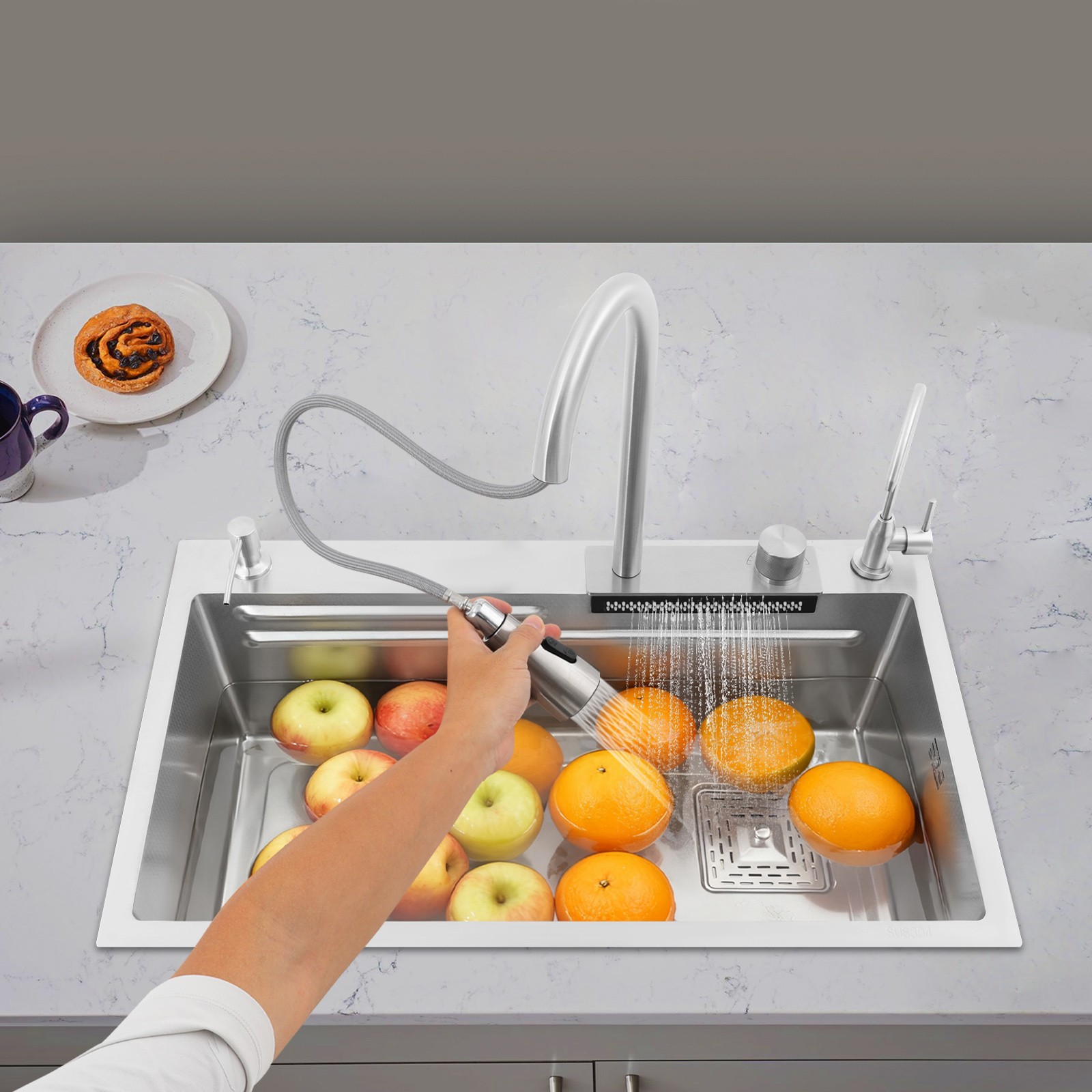 Küchenspülbecken mit Wasserfall Modernes Küchenspülbecken aus Edelstahl 304
