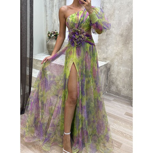 Evening Party Summer Womens Casual One Shoulder Flowy Maxi Mesh Dresses Cocktail - Picture 18 of 24