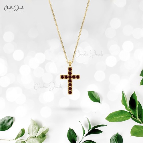 2mm Genuine Garnet Cross Pendant 14k Solid Gold Necklace Religious Gift For Wife - Picture 5 of 22