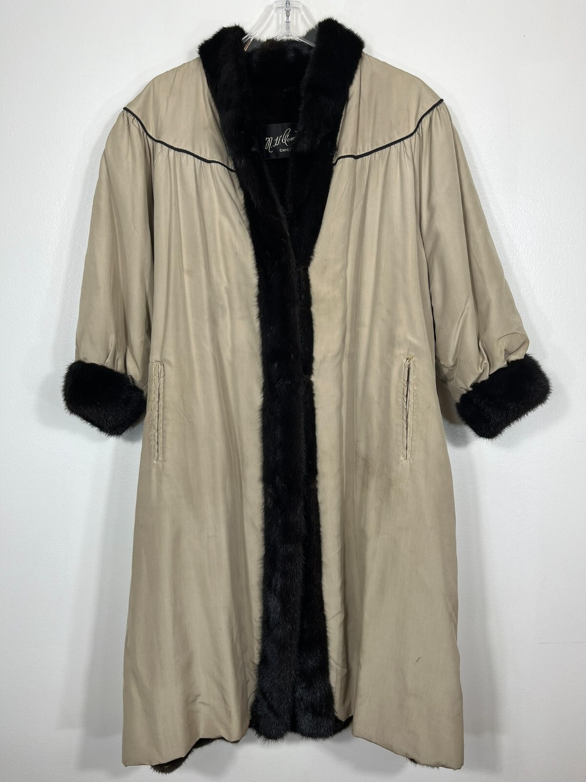 Classic RAINCOAT MINK fur lining tan black Women's Large 41
