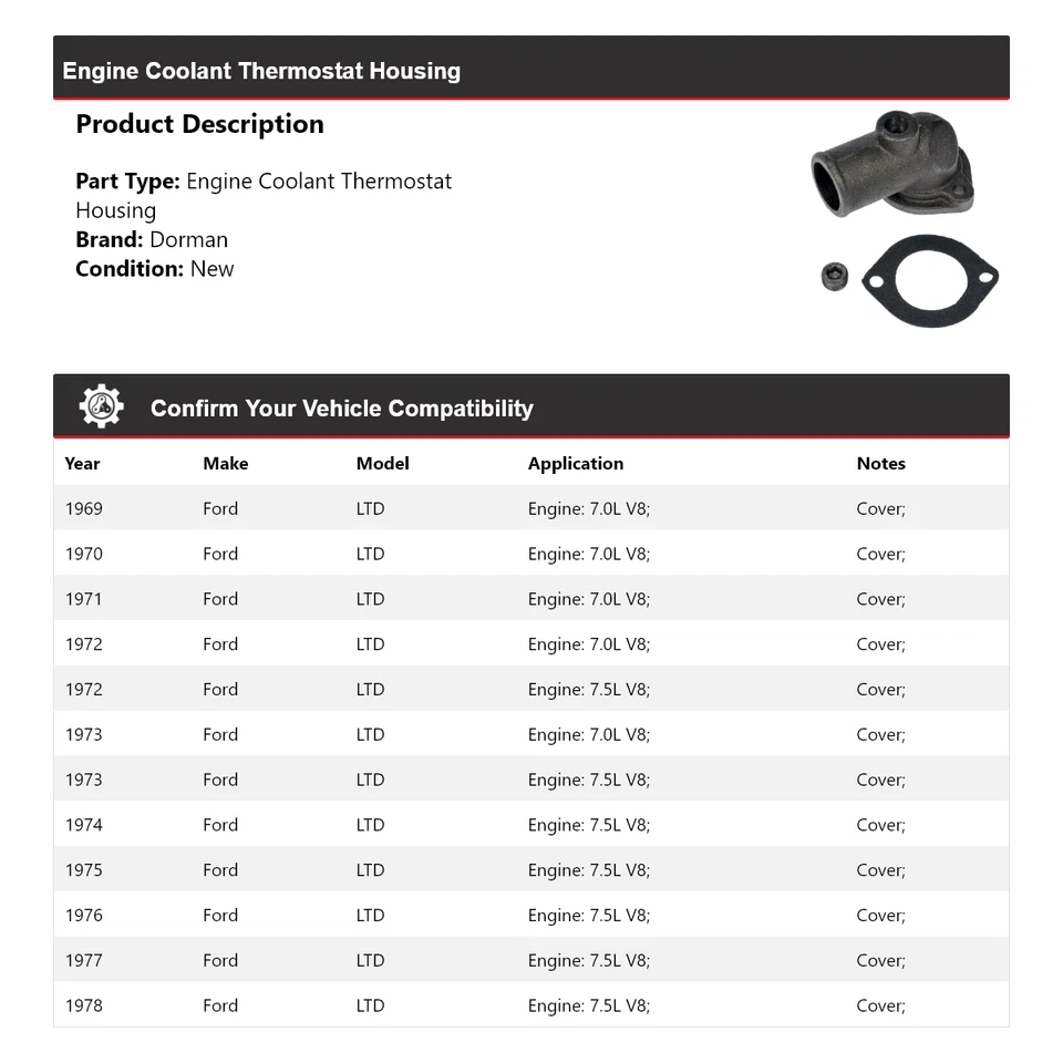 Carcasa termostato refrigerante motor Ford LTD Dorman 1969-1978 1970 1971 1972 Foto 2 de 4