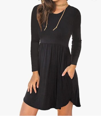 long sleeve black swing dress 3/4 Sleeve Piko Swing Dress For Women-Black X-Large / Black main image 0