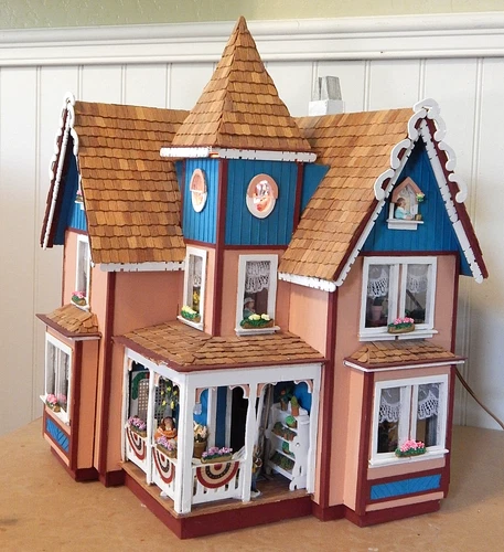 Hand-Made 12-Room Furnished Victorian Style Wood Dollhouse/Diorama w/Figures