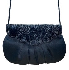 Vintage Black Beaded Satin With Scalloped Flap Design Long Strap Evening Bag