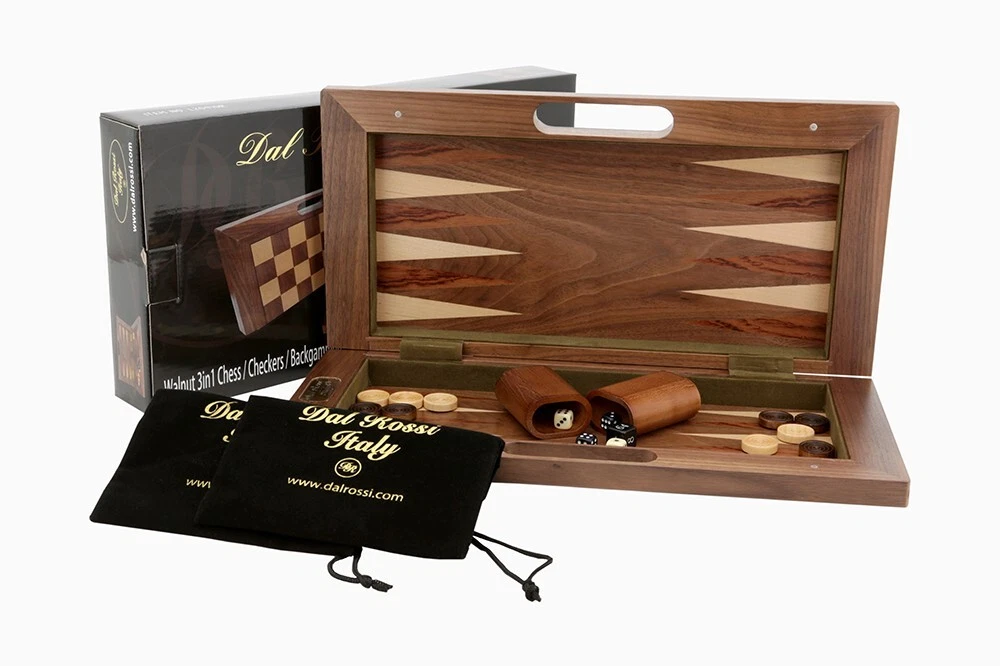 Dal Rossi 3 in 1 Folding Walnut Chess / Checkers / Backgammon Set 16 inch board