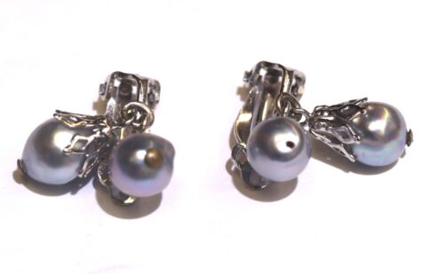 14k white gold round blue pearl dangle earrings 5.4g clip on vintage