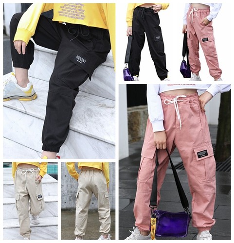 Girls Elastic High Waist Cargo Pants Jogger Pants Casual Cotton Long Trousers - Picture 2 of 30