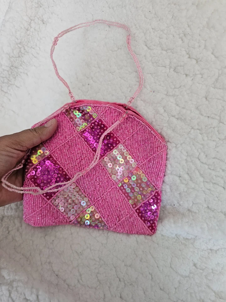 Cartera pequeña de lentejuelas y cuentas con mango rosa botón a presión completa L 11,5" sin marca Foto 3 de 4