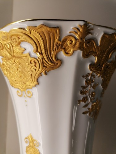 MEISSEN Prunk Vase Blumen Muschel Mattgold Glanzgold Relief 1. Wahl Höhe 22 cm - Picture 7 of 22