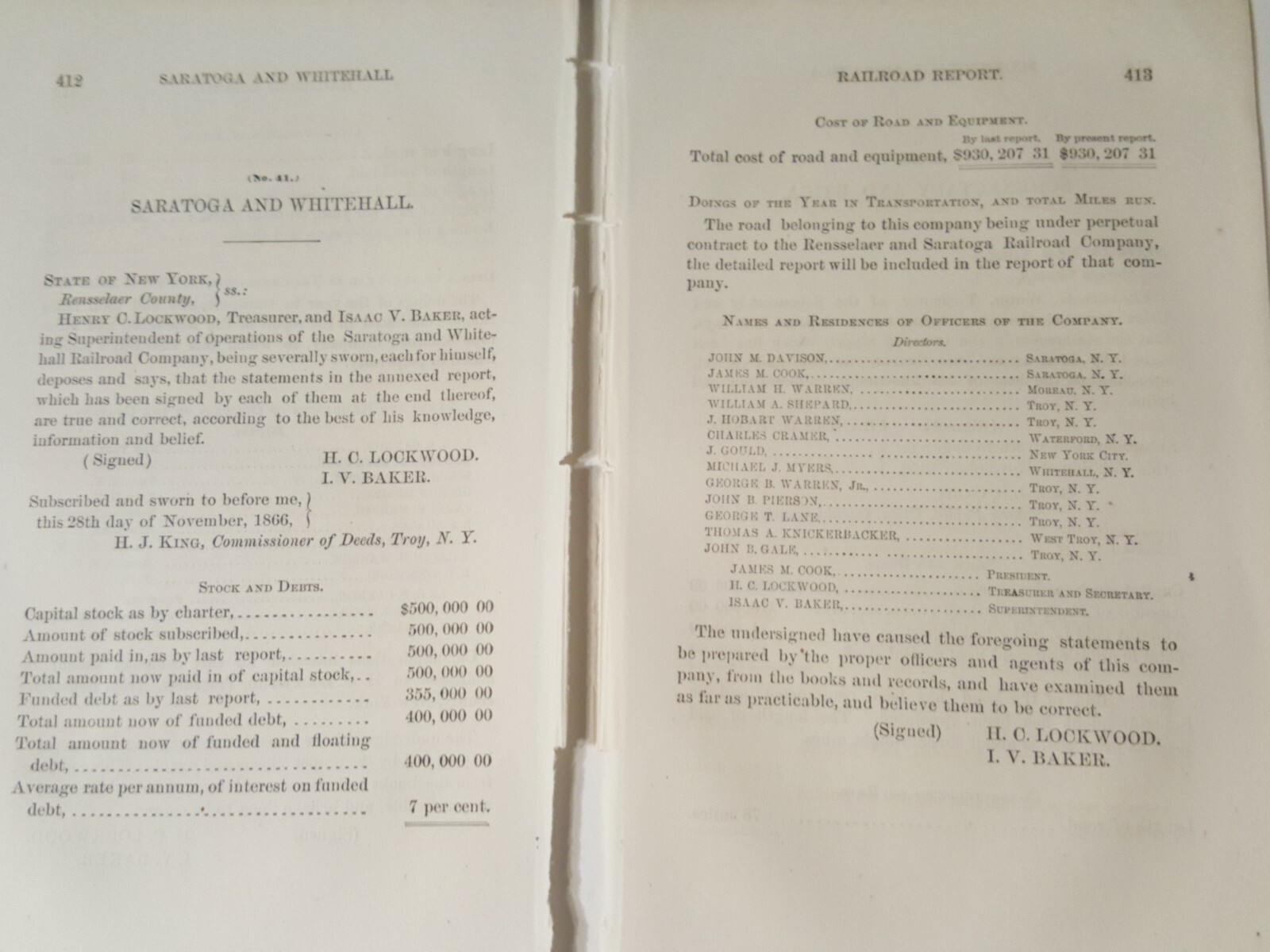 1866 NY RR report SARATOGA & WHITEHALL RAILROAD Moreau Waterford Troy train 