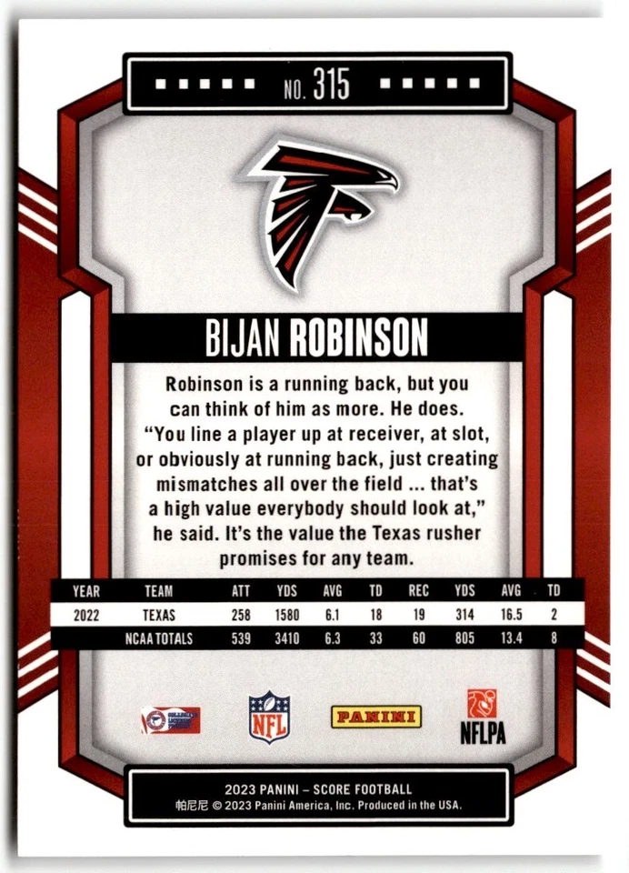 2023 Score Bijan Robinson Rookie #315 Atlanta Falcons - Image 2 of 2
