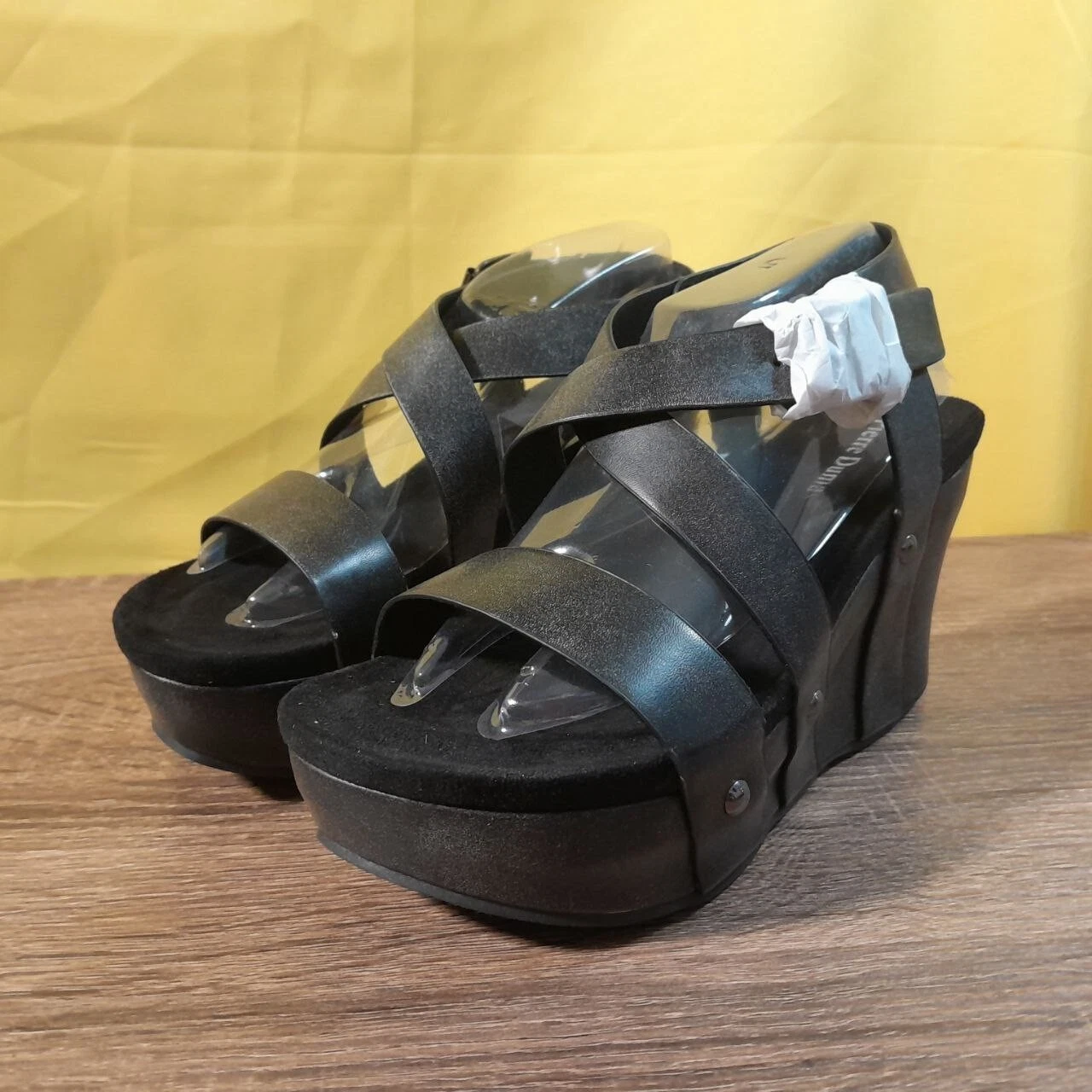 Pierre Dumas Wedge Straps Black Weave Sandals Open Toe Straps SIZES NIB SH2