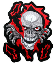    LARGE SKULL WITH RED EYES BIKERS VEST IRON ON PATCH - 11 3/4" H x 9 1/2" W