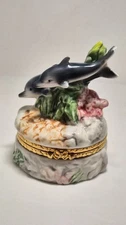 Herco My Hinged Box Collection Dolphins Porcelain Trinket Jewelry Box