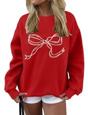 Women  s Bow Graphic Sweatshirts Oversized Crewneck Drop Shoulder Pullover Swe...
