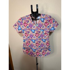 Lot of 2 Womens Scrub Tops Med+Wear Rainbow Heart Butterfly Mock Wrap V-Neck