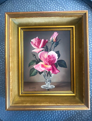 James Noble Glorious Pink Roses original signiert gerahmtes Leinwandbild 1967 97/8''