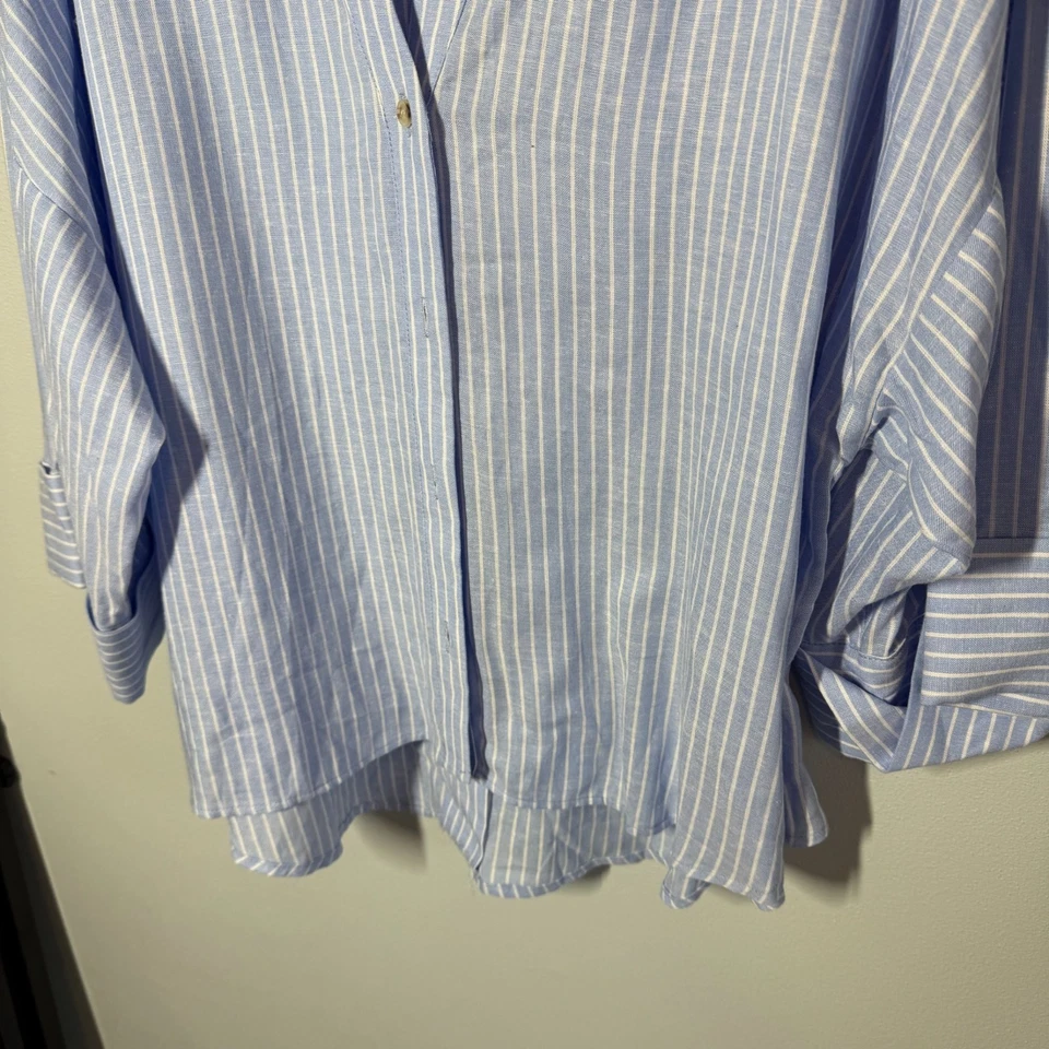 Zara Mujer Rayas Abotonadas Grande Gran Tamaño Lino Preppy Sin Esfuerzo Refinado Foto 4 de 4