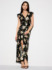 Old Navy The Occasion Maxi Dress Womens XS Black Floral Flutter Sleeve Satin