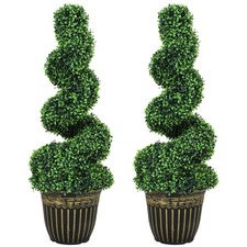 HOMCOM Set of 2 Potted Artificial Plants, Topiary Spiral Boxwood Trees, 90cm