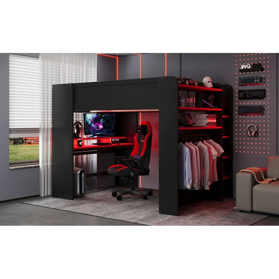 Litera de madera de tamaño completo con escritorio ajustable en altura, armario, espacio de almacenamiento, rojo Foto 4 de 4