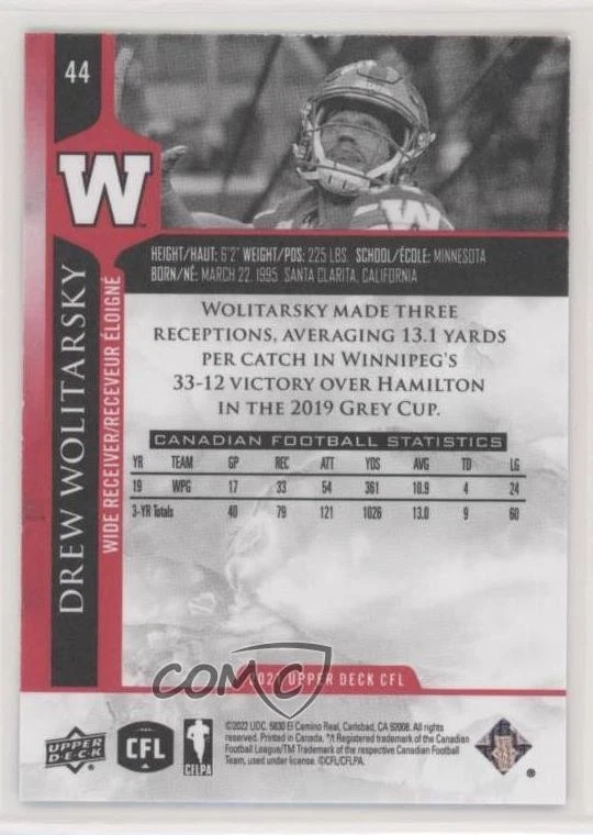 2021 Upper Deck CFL Red /165 Drew Wolitarsky #44 - Image 2 of 2