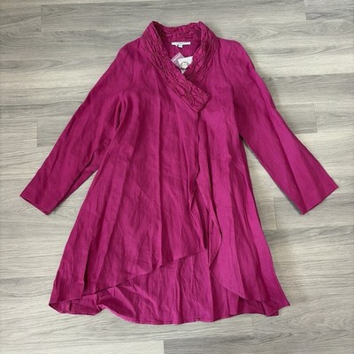 Chesca Linen Coat Womens UK12 Raspberry Pink Waterfall Jacket Open Front Layerin